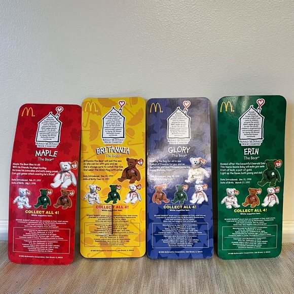 RARE McDonald's Brittania Erin Glory & Maple TY Beanie Babies Bear Complete Set - Picture 6 of 16